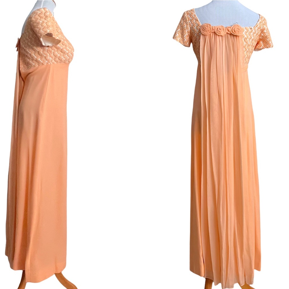 Vintage 60s Short Sleeve Peach Chiffon Empire Waist Maxi Sheath Dress ILGWU - Picture 2 of 11